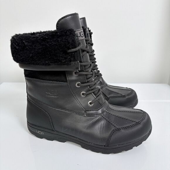 UGG Boots Kids Size 6 Black Leather Butte II CWR Waterproof Snow Water Winter - Picture 1 of 9